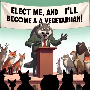 The wolf declares, Elect me, and I'll become a vegetarian!