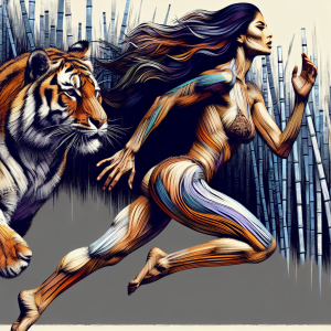 She moves with the strength of a tiger, fierce and graceful, embodying the power of a woman untamed.