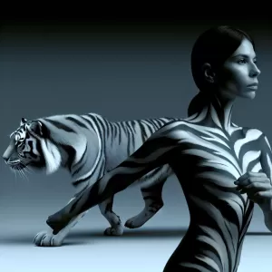 Her roar echoes through life’s challenges, a tiger’s courage embodied in a woman’s spirit.