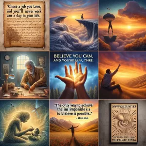 1. Choose a job you love, and you'll never work a day in your life. - Confucius

2. Believe you can and you're halfway there. - Theodore Roosevelt

3. The only way to achieve the impossible is to believe it is possible. - Charles Kingsleigh

4. Success is not the key to happiness. Happiness is the key to success. If you love what you are doing, you will be successful. - Albert Schweitzer 

5. Your work is going to fill a large part of your life, and the only way to be truly satisfied is to do what you believe is great work. And the only way to do great work is to love what you do. - Steve Jobs 

6. Opportunities don't happen. You create them. - Chris Grosser

7. Don’t watch the clock; do what it does. Keep going. - Sam Levenson

8. Success usually comes to those who are too busy to be looking for it. - Henry David Thoreau

9. Quality is the best business plan. - John Lasseter

10. The future belongs to those who believe in the beauty of their dreams. - Eleanor Roosevelt